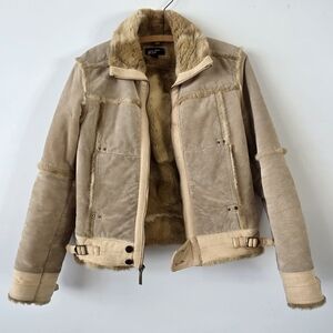Beige Leather Faux Fur Zip Jacket